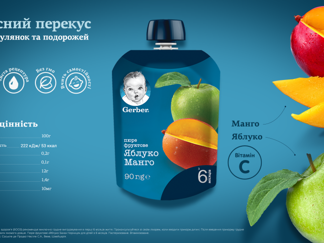 Гербер пюре яблуко манго пауч 90г з 6міс